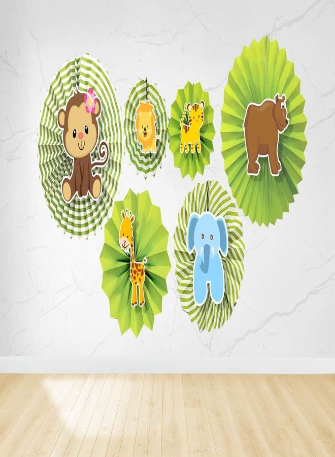 Untumble Jungle Theme Paper Fan Decoration Set for Birthday | Jungle Theme Party Paperfans | 6 Paper Fans in Different Size | Perfect for Jungle Theme Birthday Decoration | Pack of 6 - Image 1